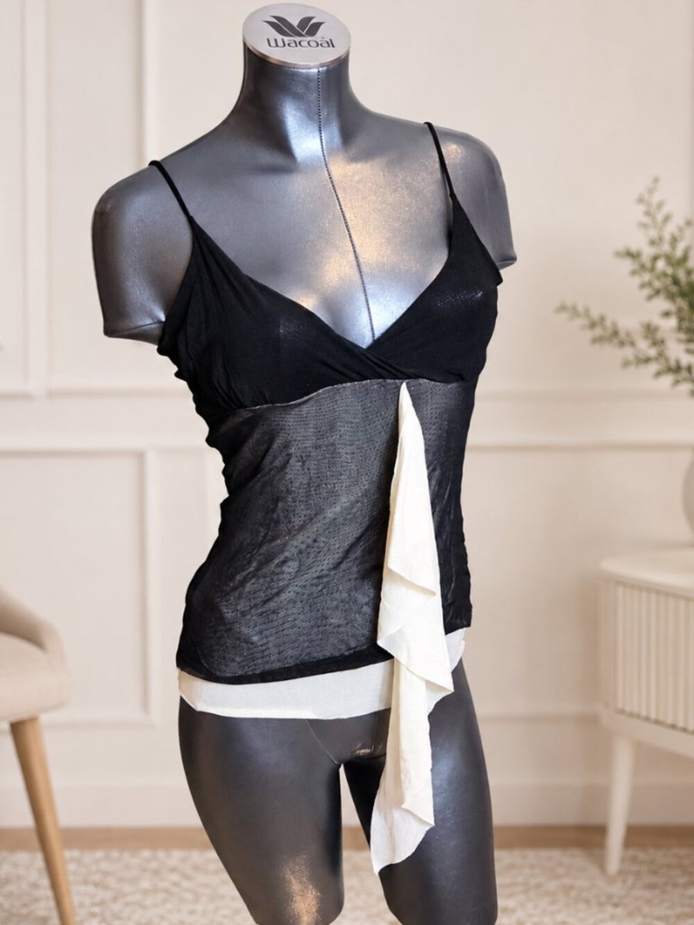 Sweet Pea Black Sheer Mesh Camisole Top w/ Ivory Drape Accent Size S